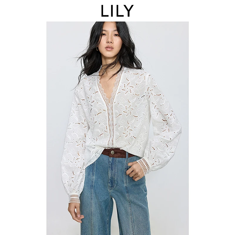 LILY2025秋新款女装纯棉重工法式蕾丝镂空绣花套头衫125349C8927