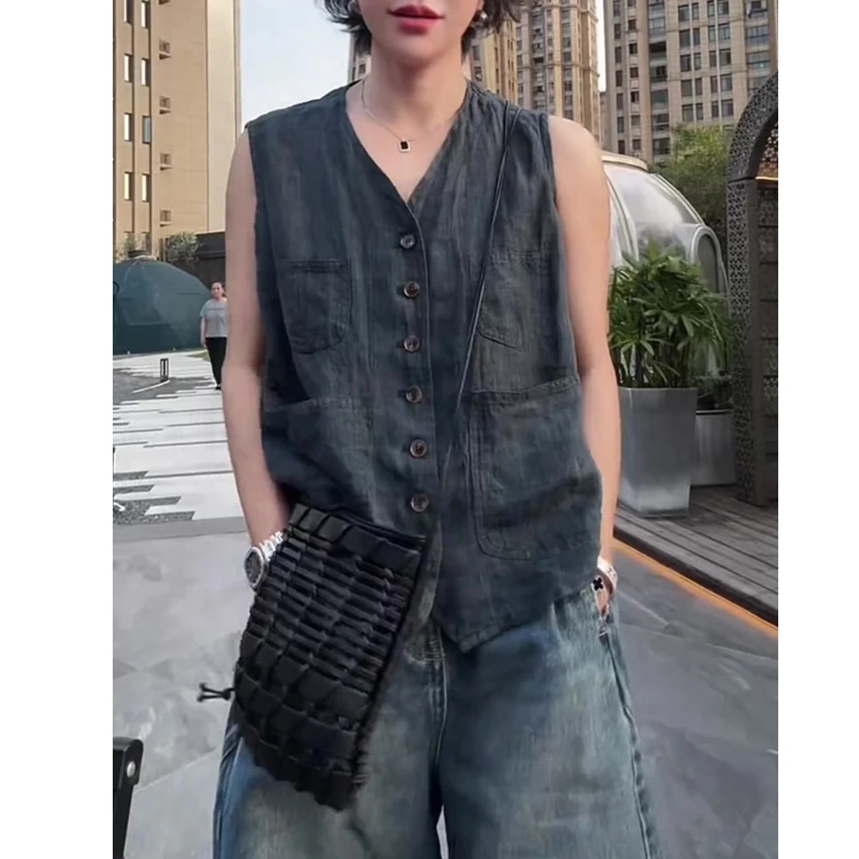 老钱风单排扣V领深灰色无袖马甲背心女装夏季新款轻熟风复古上衣