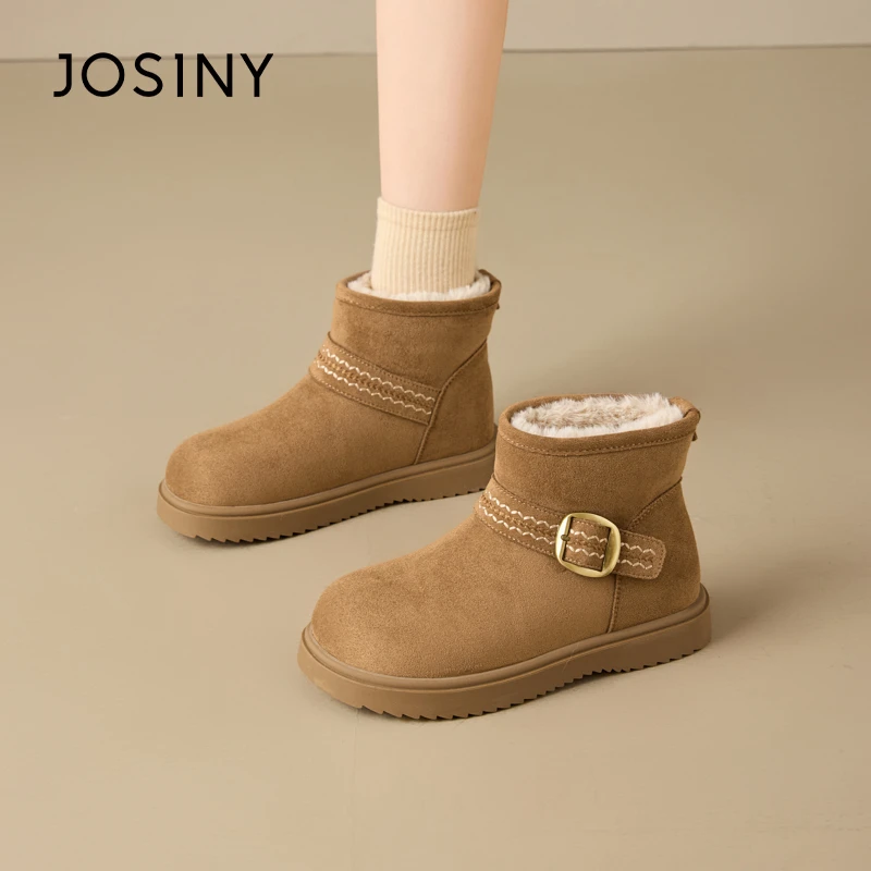 卓诗尼加绒雪地靴2025冬季女款时尚百搭流行棉靴复古扣带高帮棉鞋