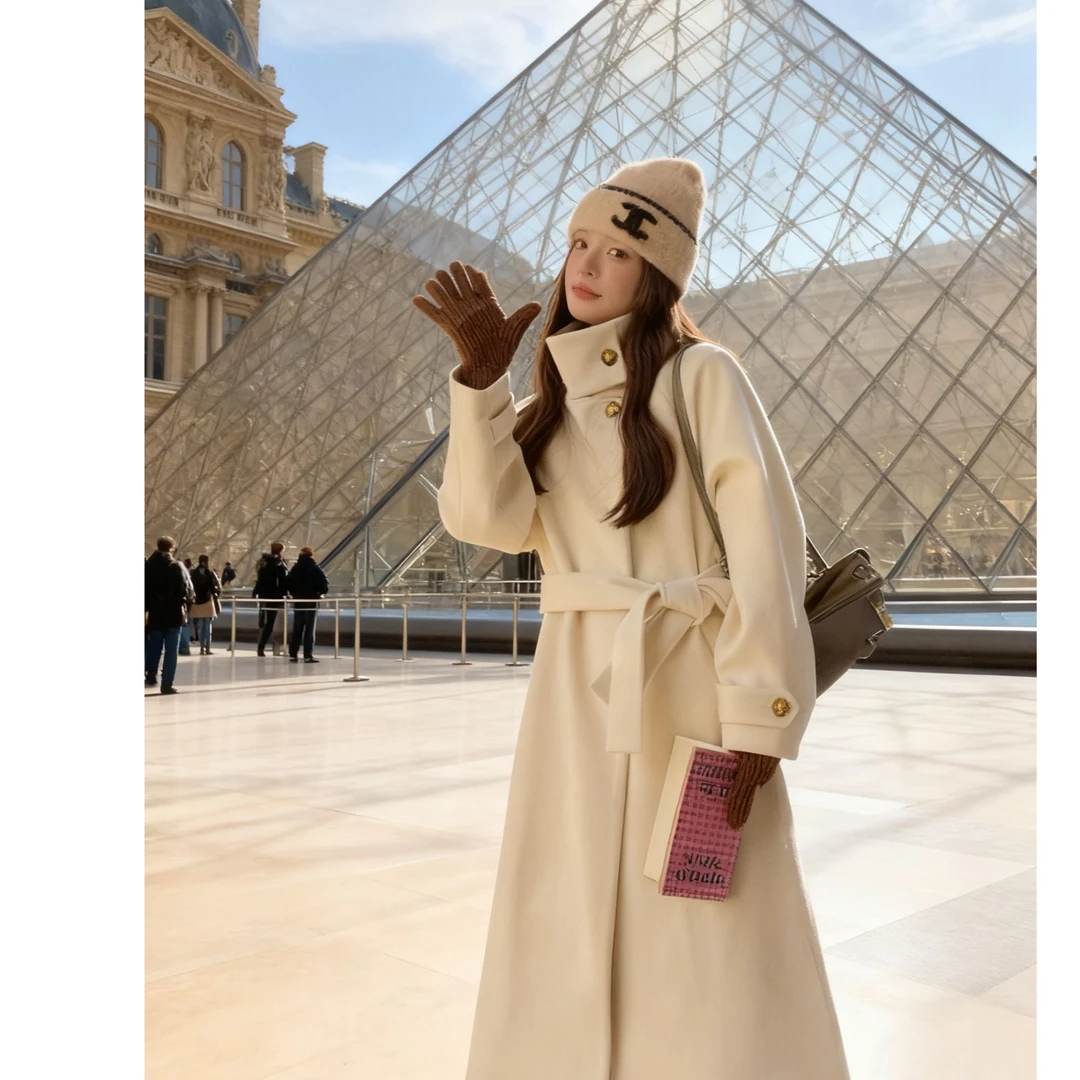 25冬季 继承者大衣绵羊毛立领系带双面呢复古中长款毛呢外套25595