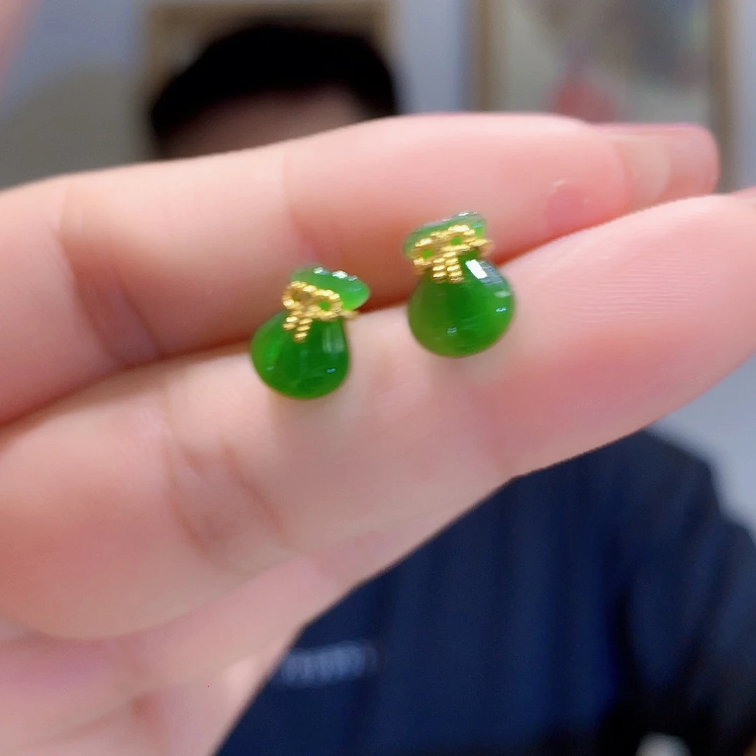 和田玉（碧玉）银S925镀金镶嵌耳饰