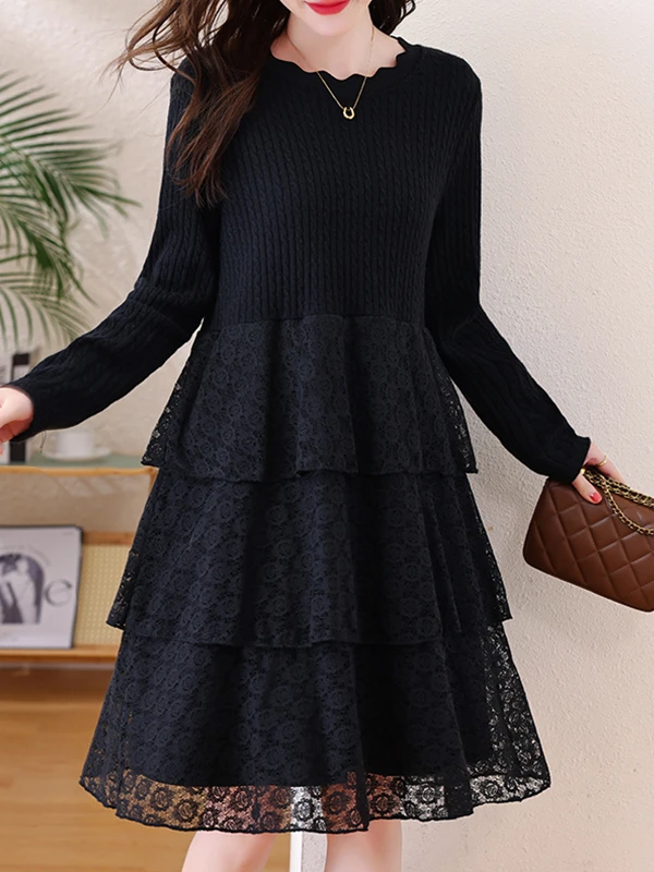法式高级感黑色连衣裙女加绒加厚冬新款针织拼接蕾丝遮肚显瘦裙子