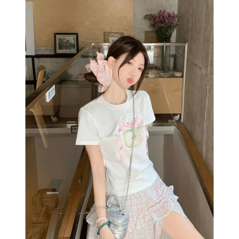 少女感甜美立体蝴蝶结印花短袖T恤女夏季圆领设计感韩版百搭上衣