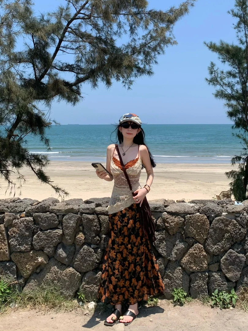 波西米亚海边沙滩度假风高腰显瘦假两件吊带背心复古花纹半身裙