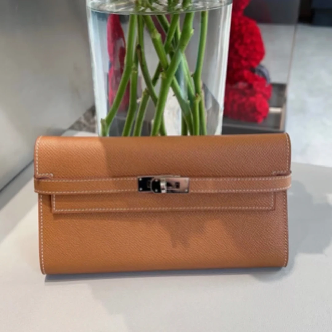 99新 Hermes/爱马仕 爱马仕kelly钱包金棕银扣e皮A刻钱包8668041