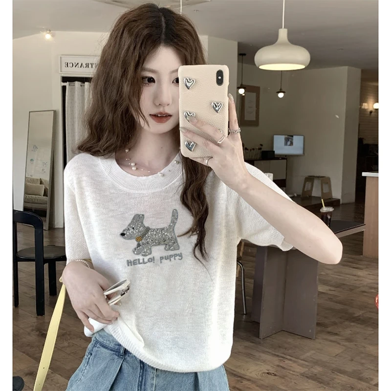 【米白色】3768超柔软新款高品质圆领短袖针织上衣