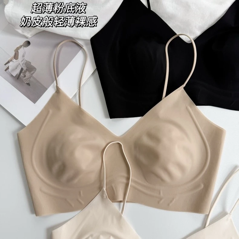 超薄无痕粉底液兔耳杯内衣女大胸显小胸细肩带隐形文胸背心式胸罩