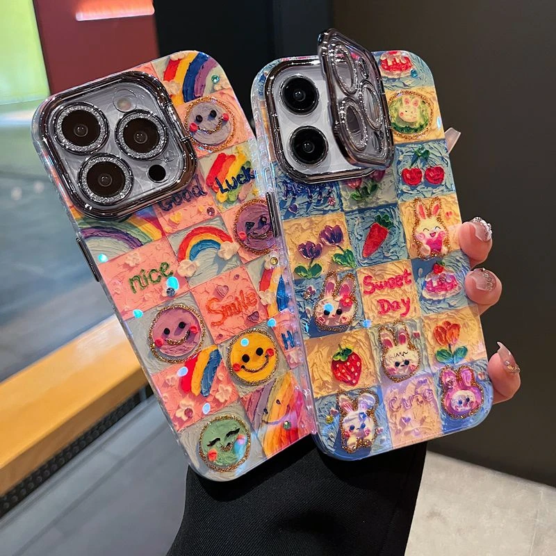 适用苹果系列iPhone16新款手机壳可爱油画兔子银灰色闪粉镜头支架