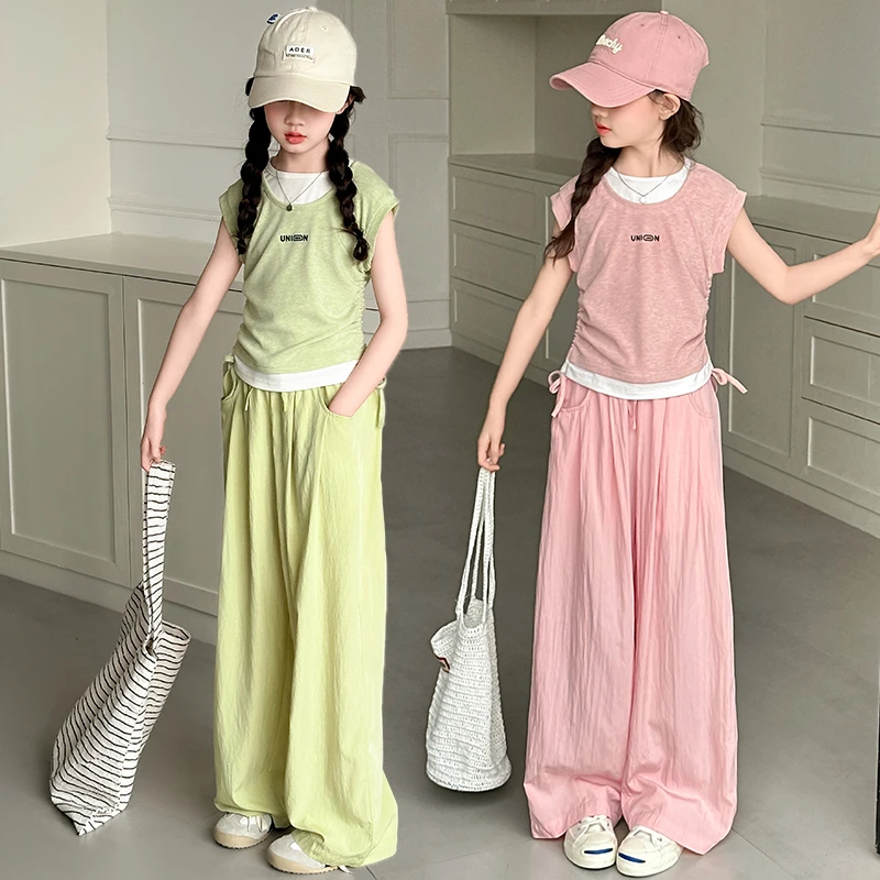 女童夏季新款2025套装山本裤中大童休闲韩版假两件上衣女孩时尚
