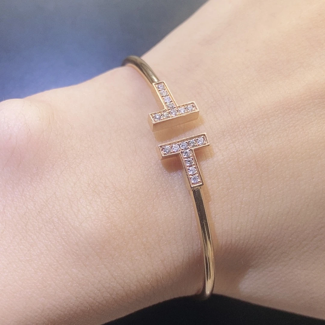 钻石手镯18K金镶嵌双T手镯K玫