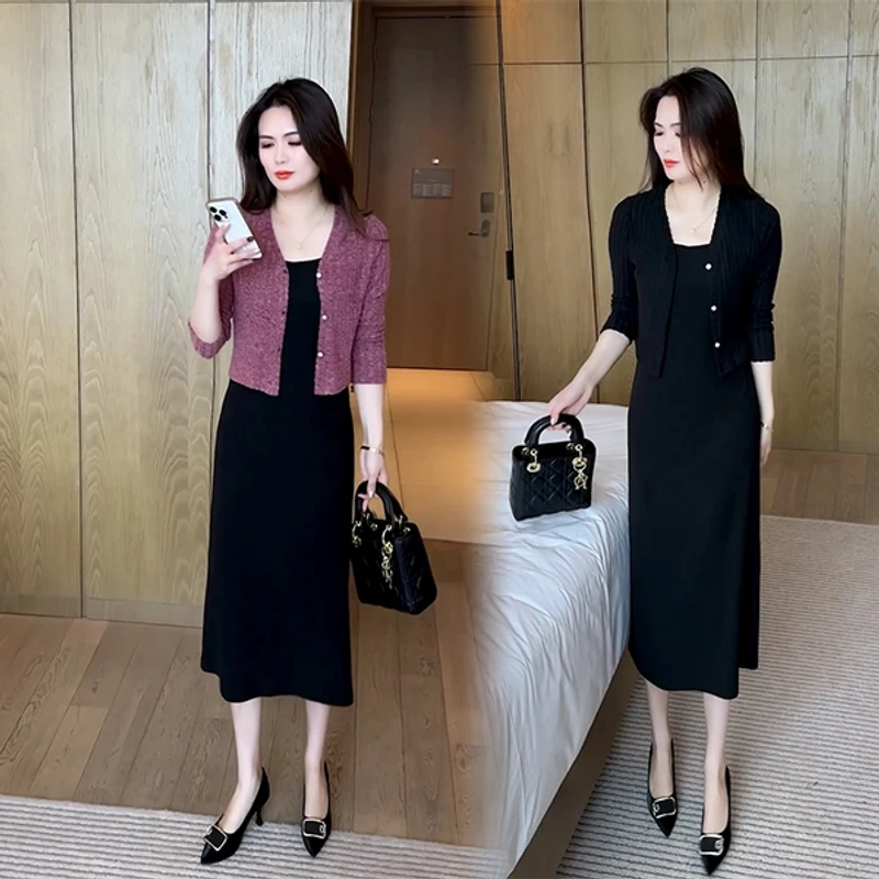 春款新品时尚气质修身吊带连衣裙小个子两件套大码遮肚显瘦洋气