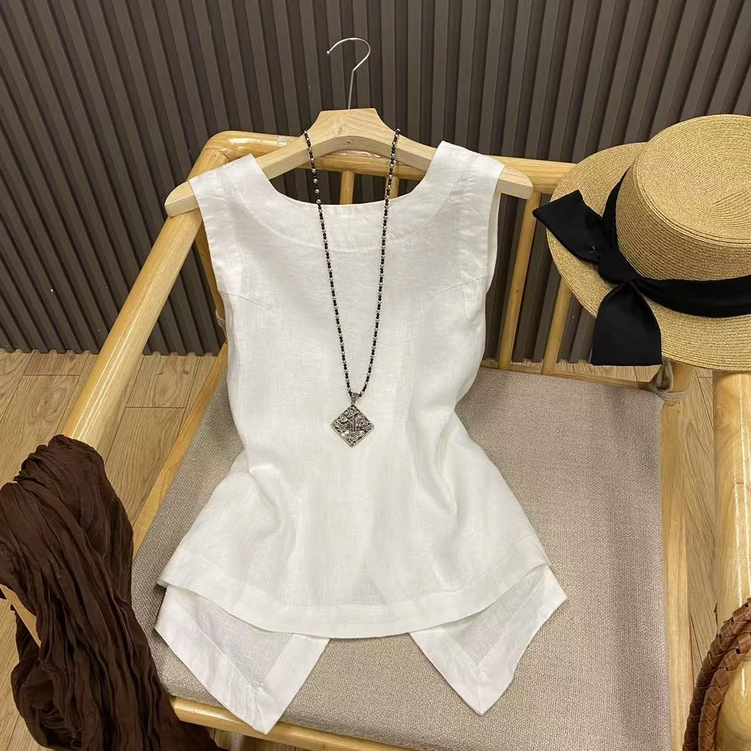 2025夏季新款法式洋气设计感小众后开叉宽松显瘦漂亮无袖上衣女装