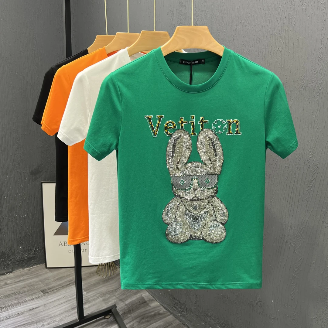 高品质潮牌新款男士时尚卡通兔烫钻短袖T恤帅气棉质圆领半袖汗衫