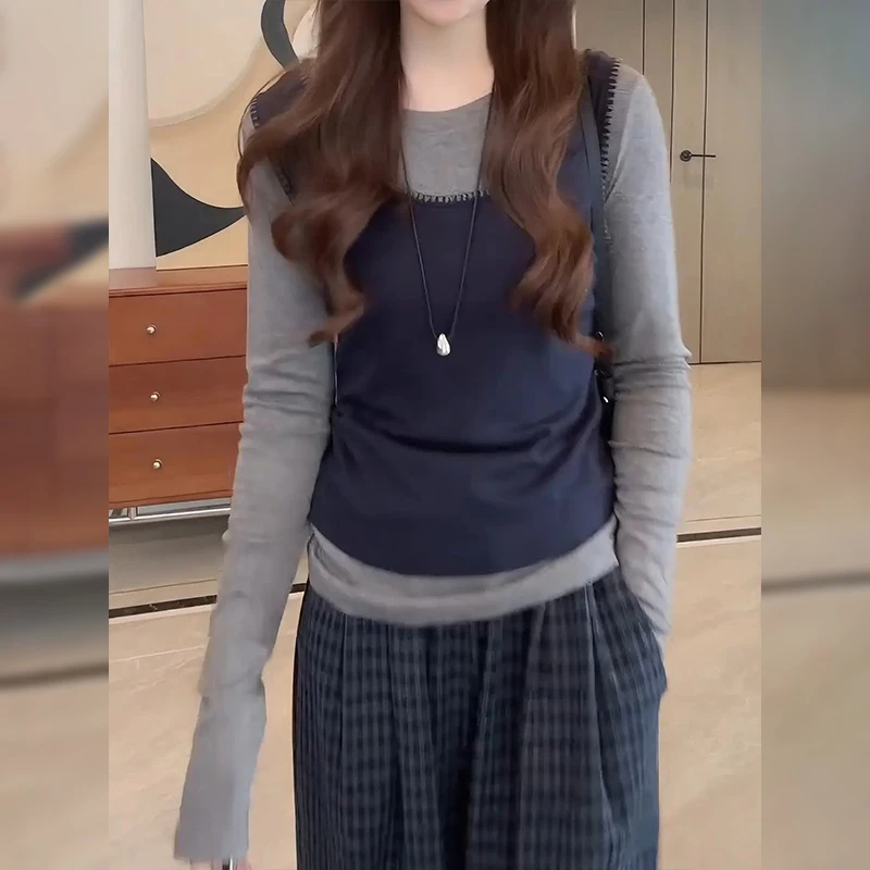 胖MM时尚洋气正肩上衣2025新款大码女装早秋韩系假两件长袖t恤女