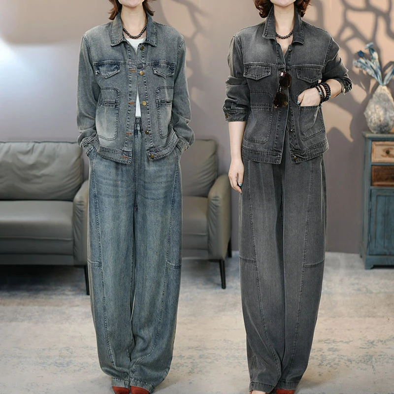 8911-6862烟熏灰&蓝套装2025秋季新款长袖衬衫裤子百搭上衣阔腿裤