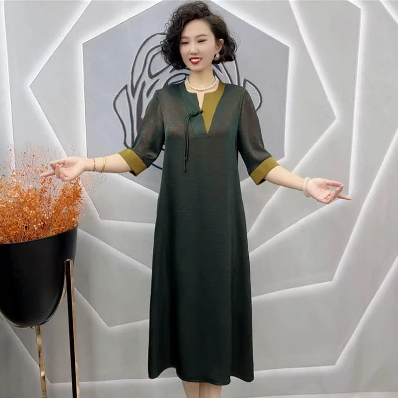 小个子新款连衣裙新中式剪刀领套头妈妈长裙子春夏女士大码打底裙