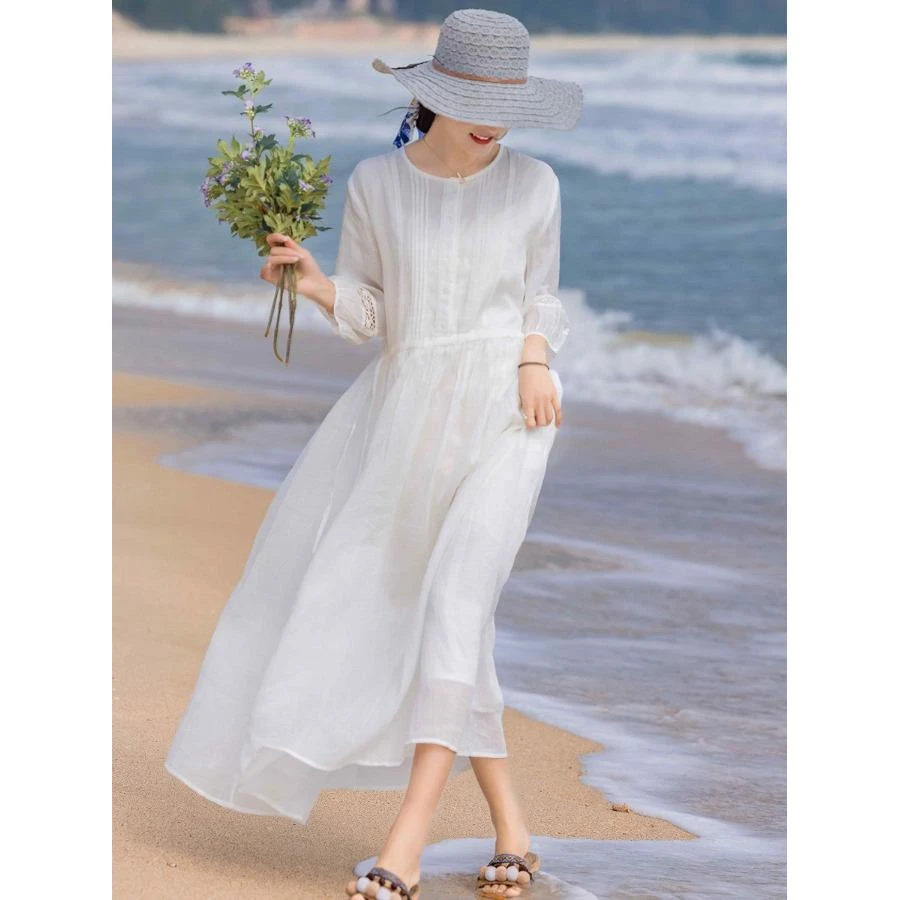 双层棉麻白色连衣裙女夏法式高级感宽松海边度假飘逸大摆沙滩长裙
