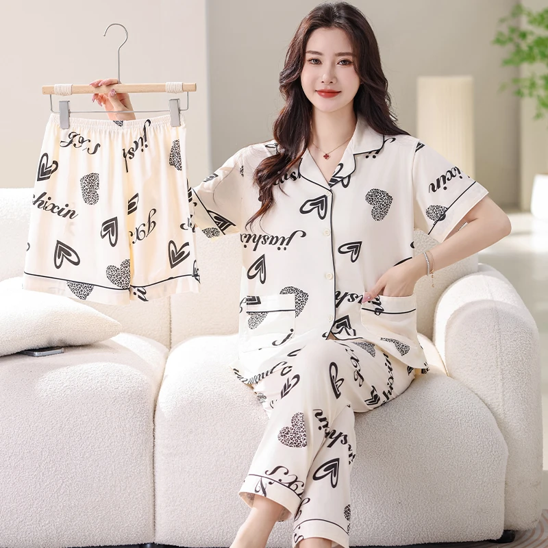 纯棉短袖三件套睡衣女士夏春季休闲宽松大码家居服可外穿短裤套装