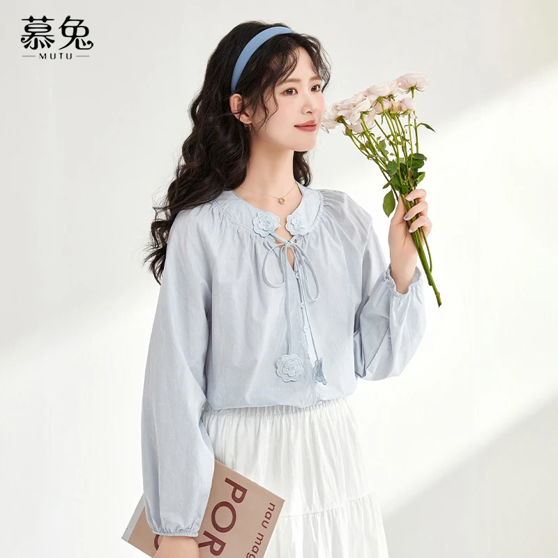 慕兔温柔风立体花朵长袖衬衫女春2025新款设计感小众宽松休闲上衣