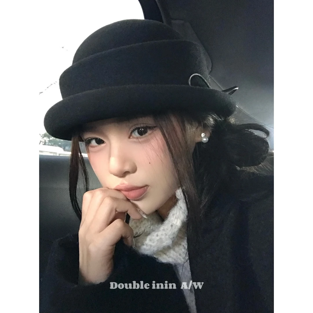 复古留洋千金风蝴蝶结礼帽女赫本风贝雷帽黑色渔夫帽