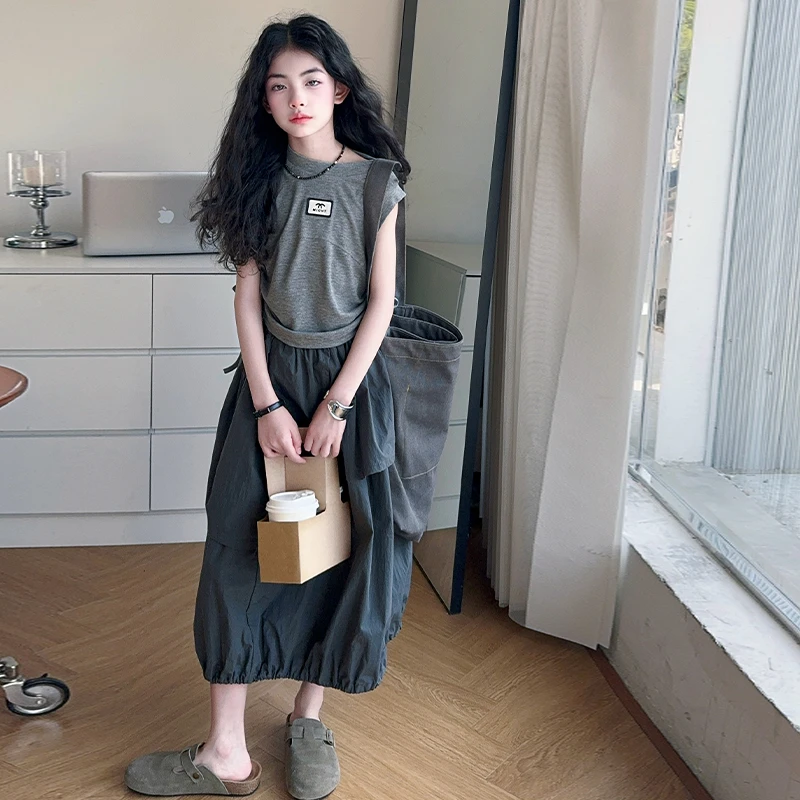 女童套装裙夏装2025新款韩版儿童短袖花苞裙两件套女大童洋气时髦