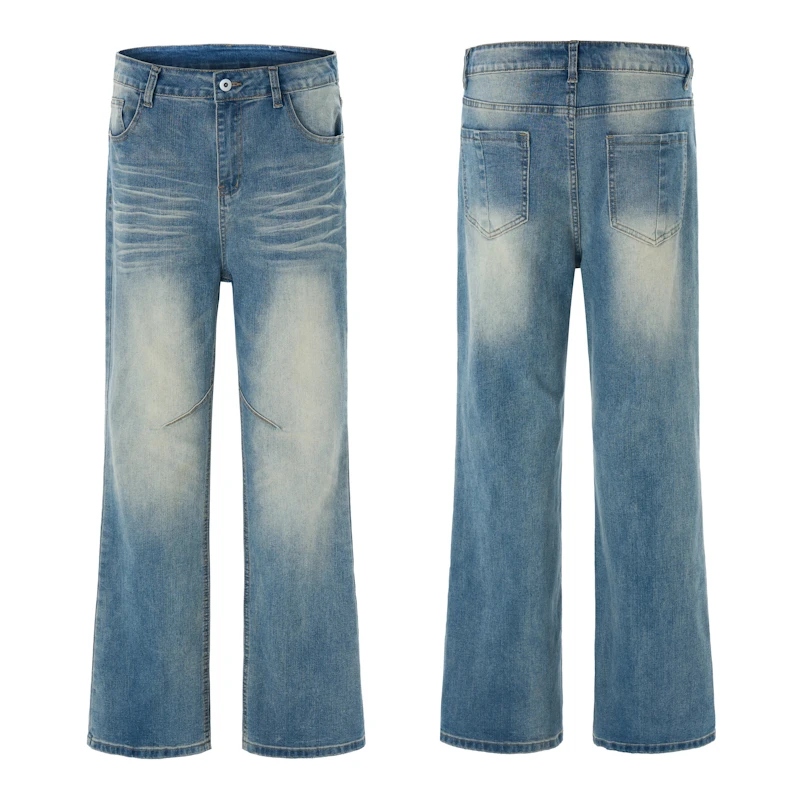 美式高街复古水洗猫须微喇叭牛仔裤男女款修身显瘦休闲潮牌长裤子