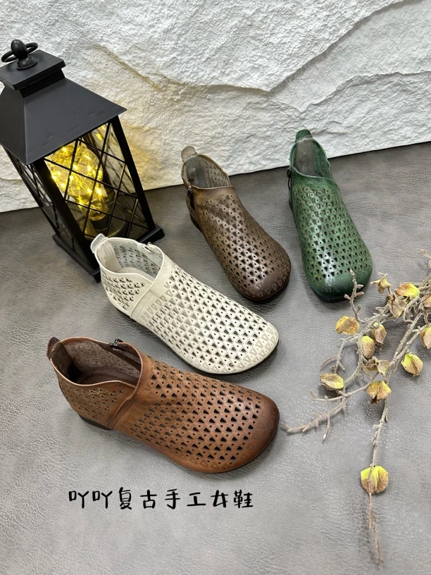 复古牛皮镂空软底侧拉链百搭裸靴