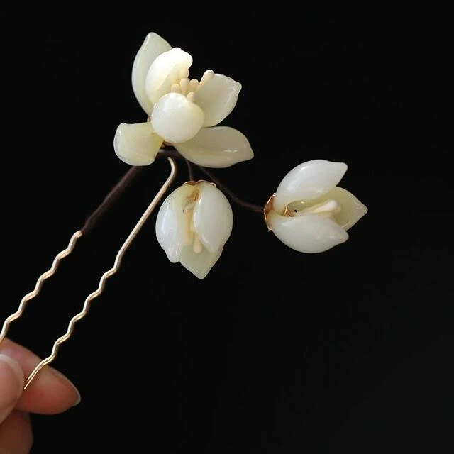 手工玉兰花u型发簪女新中式汉服旗袍后脑勺盘发簪子现代日常发饰