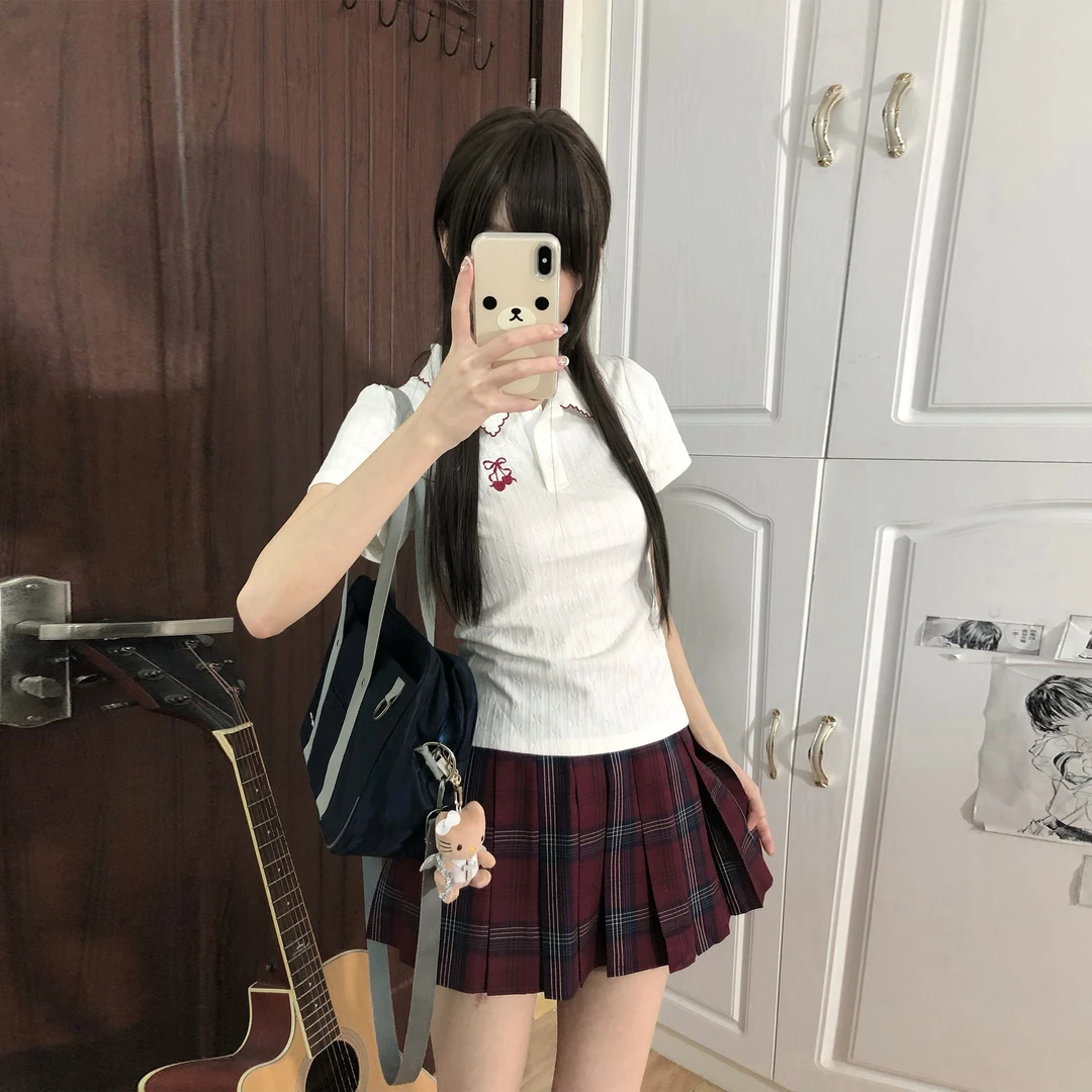 原创火星家jk樱桃POLO衫女韩日系辣妹修身短袖T恤女夏季正肩上衣