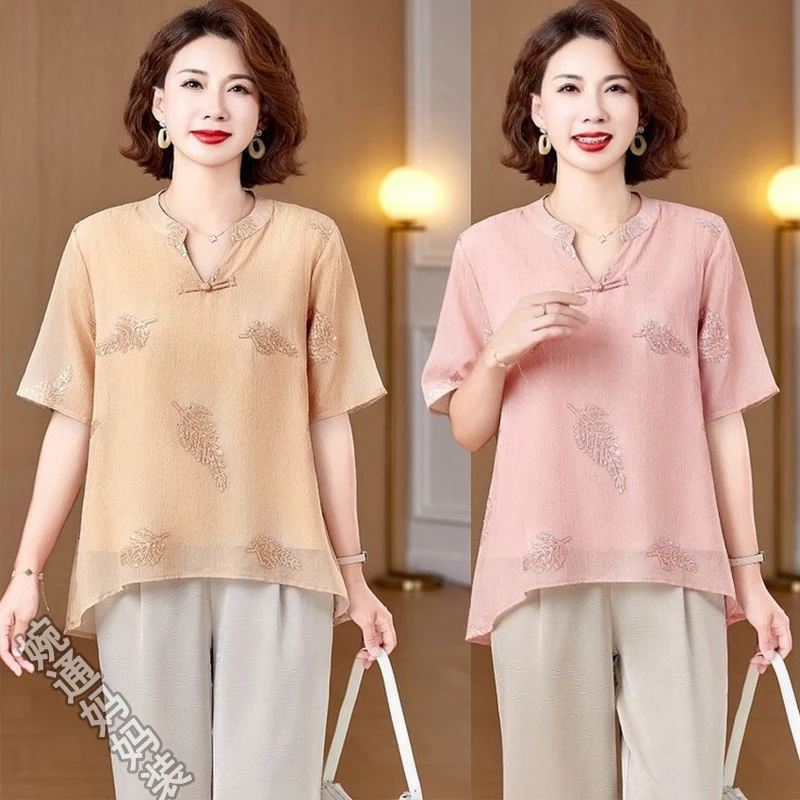 妈妈装2025夏装新款中国风洋气V领T恤中年女装宽松小衫套装两件套