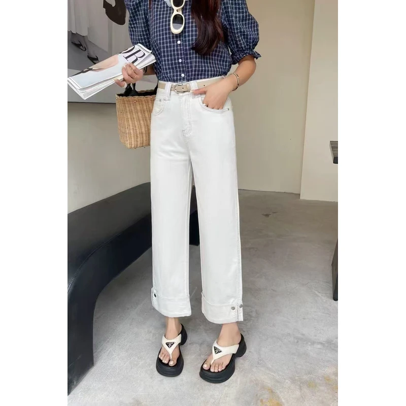 薇莎6784【现货】九分微弹特色裤脚直筒牛仔裤（无皮带）