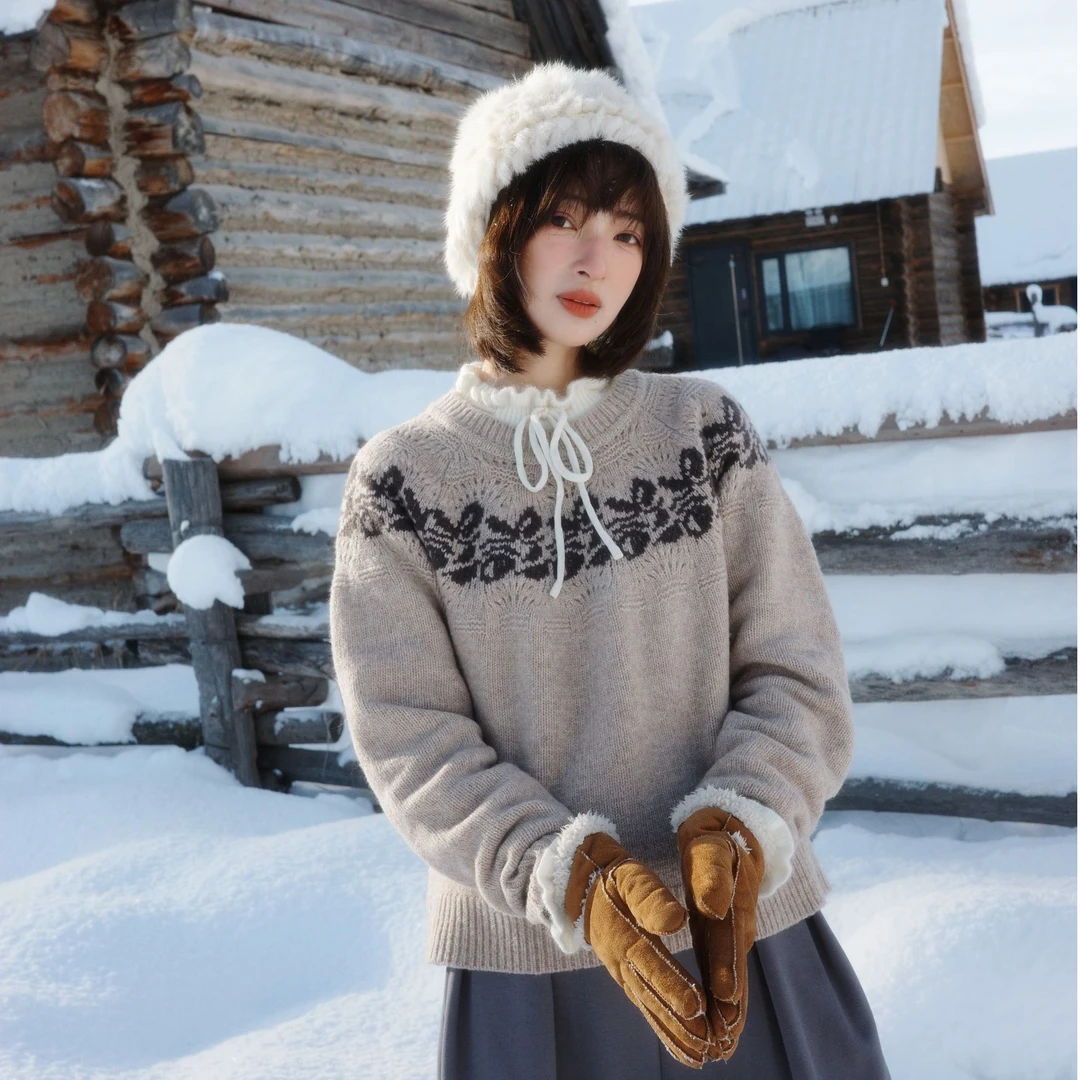 「白描工作间」"八音盒"甄选绵羊毛立体肌理感费尔岛提花复古毛衣