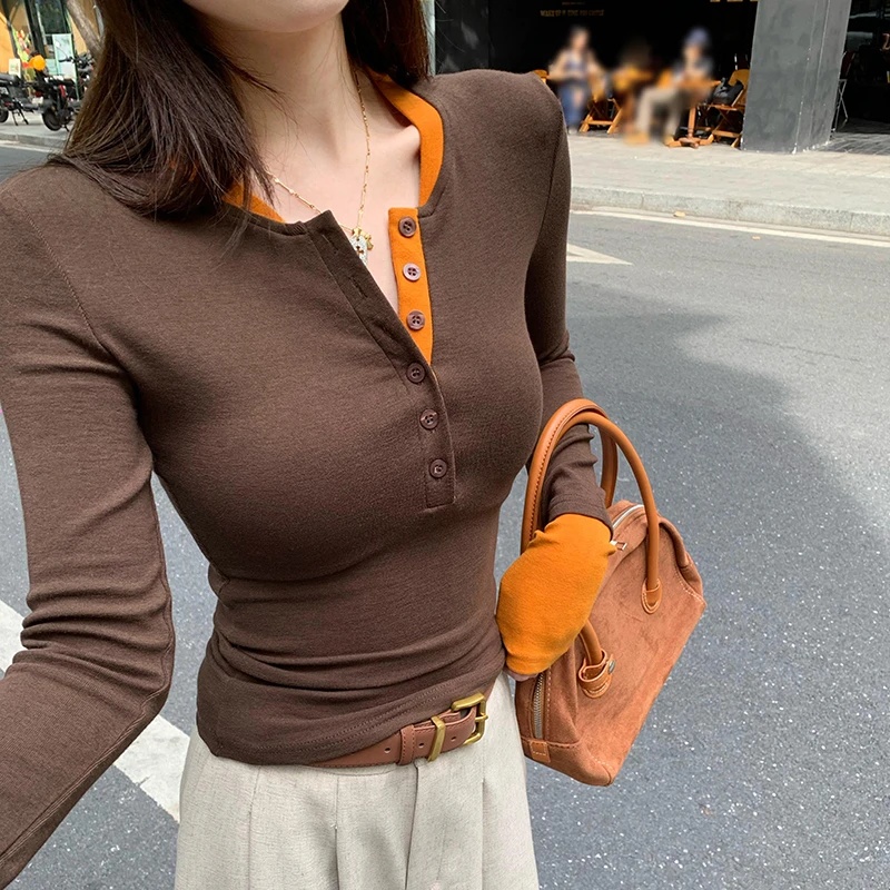 撞色假两件独特别致内搭打底衫女超好看减龄辣妹长袖上衣