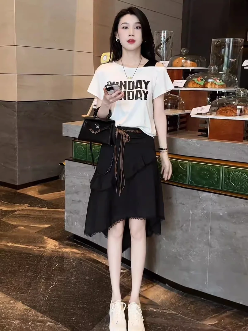 夏天超好看套装女韩系时尚减龄露肩短袖T恤不规则半身裙两件套潮