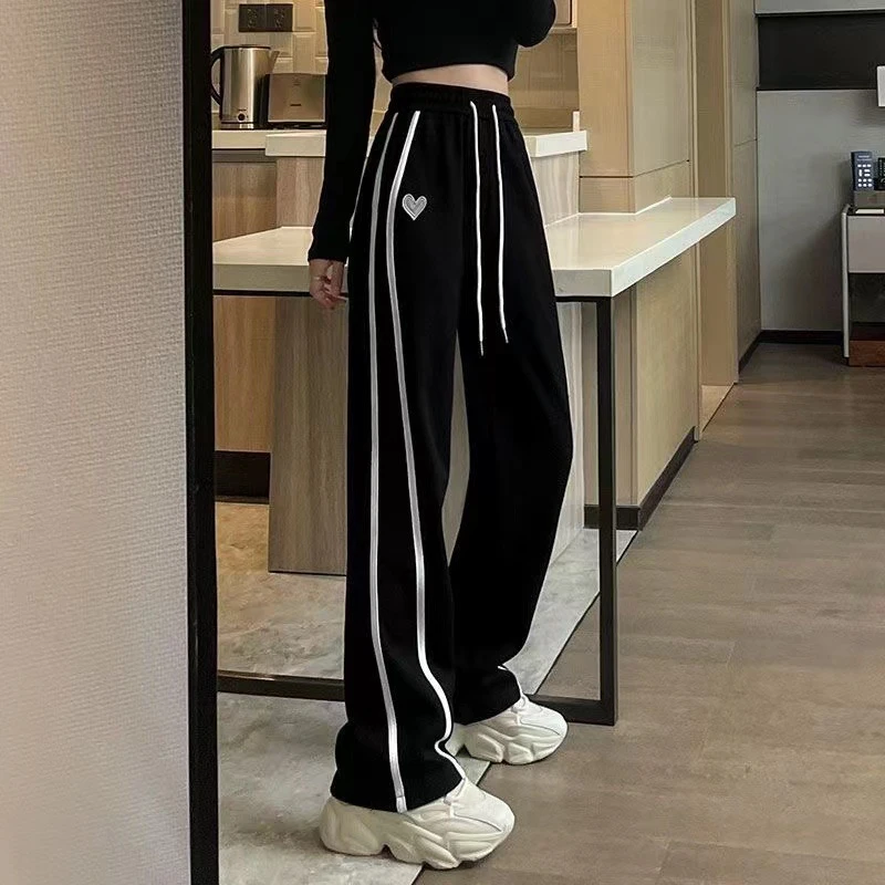 冰丝刺绣窄版深灰阔腿裤女垂感夏季薄款高腰直筒高腰运动休闲裤子