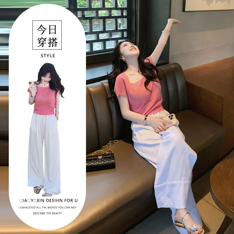 2025夏季新款法式小众方领针织短袖洋气百搭休闲裤气质显瘦两件套