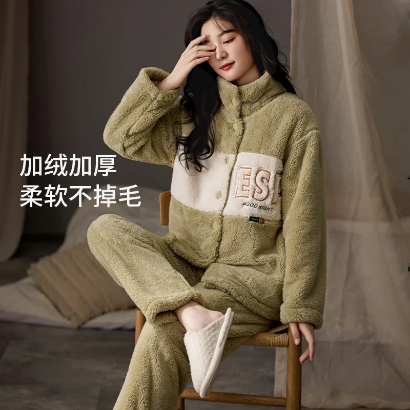 紫色花语女士立领拉链加绒加厚睡衣套装家居服可外穿S4DD8629