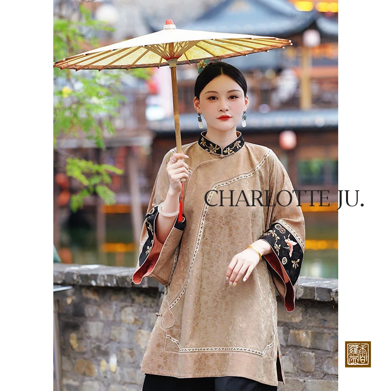 【清风戏蝶】复古新中式纯手工桑蚕丝香云纱中国风提花平肩女士上衣