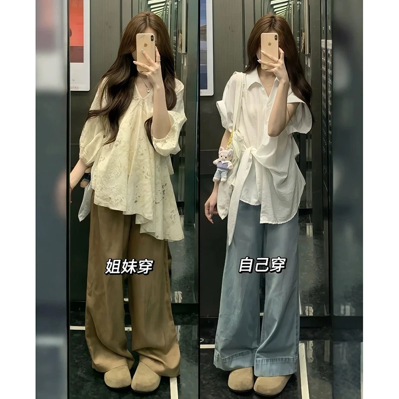 夏季搭配一整套女夏季新款短袖衬衫阔腿牛仔裤盐系高级感好看套装
