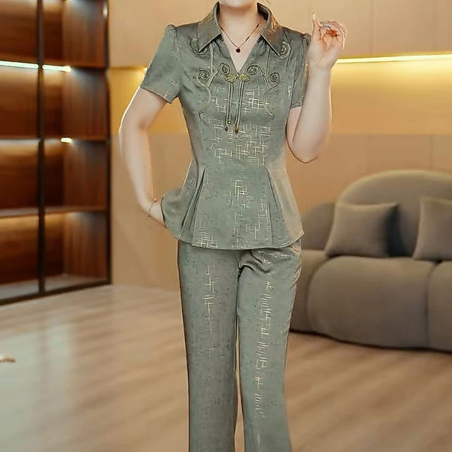 气质国风短袖两件套女2025新款夏季高档妈妈修身显瘦时尚高级套装
