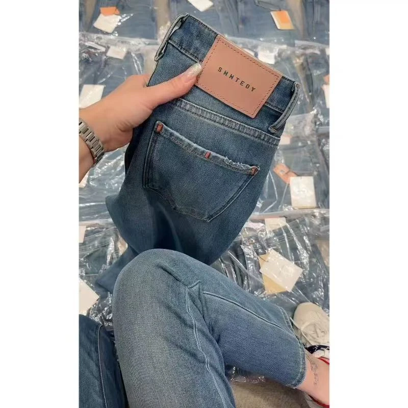 飞芊娅时尚百搭修身显瘦直筒牛仔裤女2025春季爆款弹力九分烟管裤