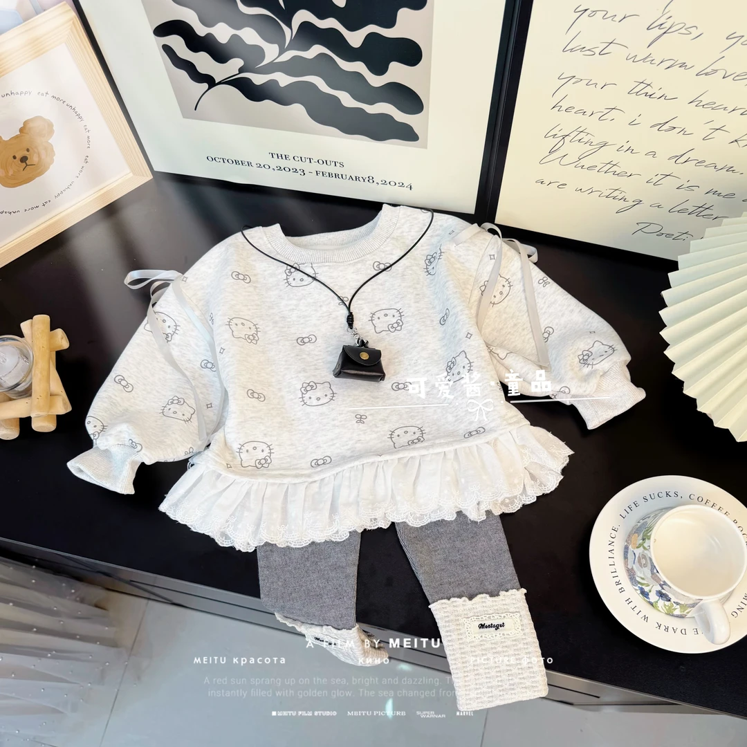 女童两件套女宝宝可爱满印小KT时尚卡通圆领卫衣堆堆袜裤子套装