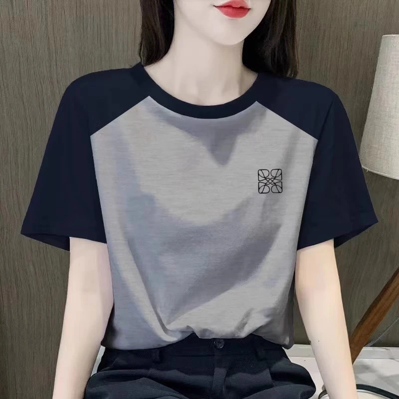 2025夏季新款欧货撞色短袖t恤女百搭显瘦宽松休闲纯棉体恤上衣潮