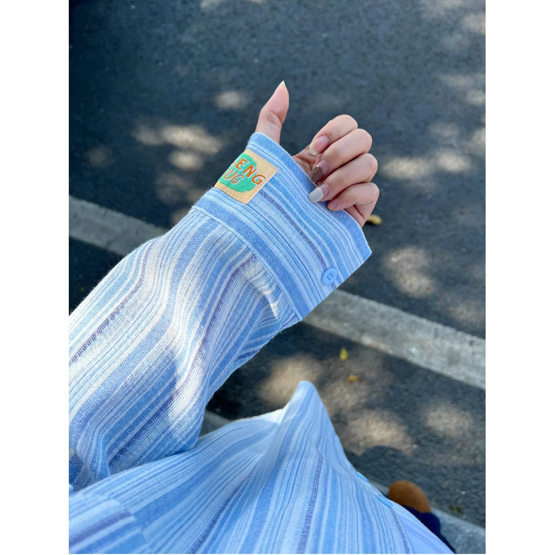 法式复古条纹长袖衬衫女秋冬新款设计感小众宽松蓝色时尚