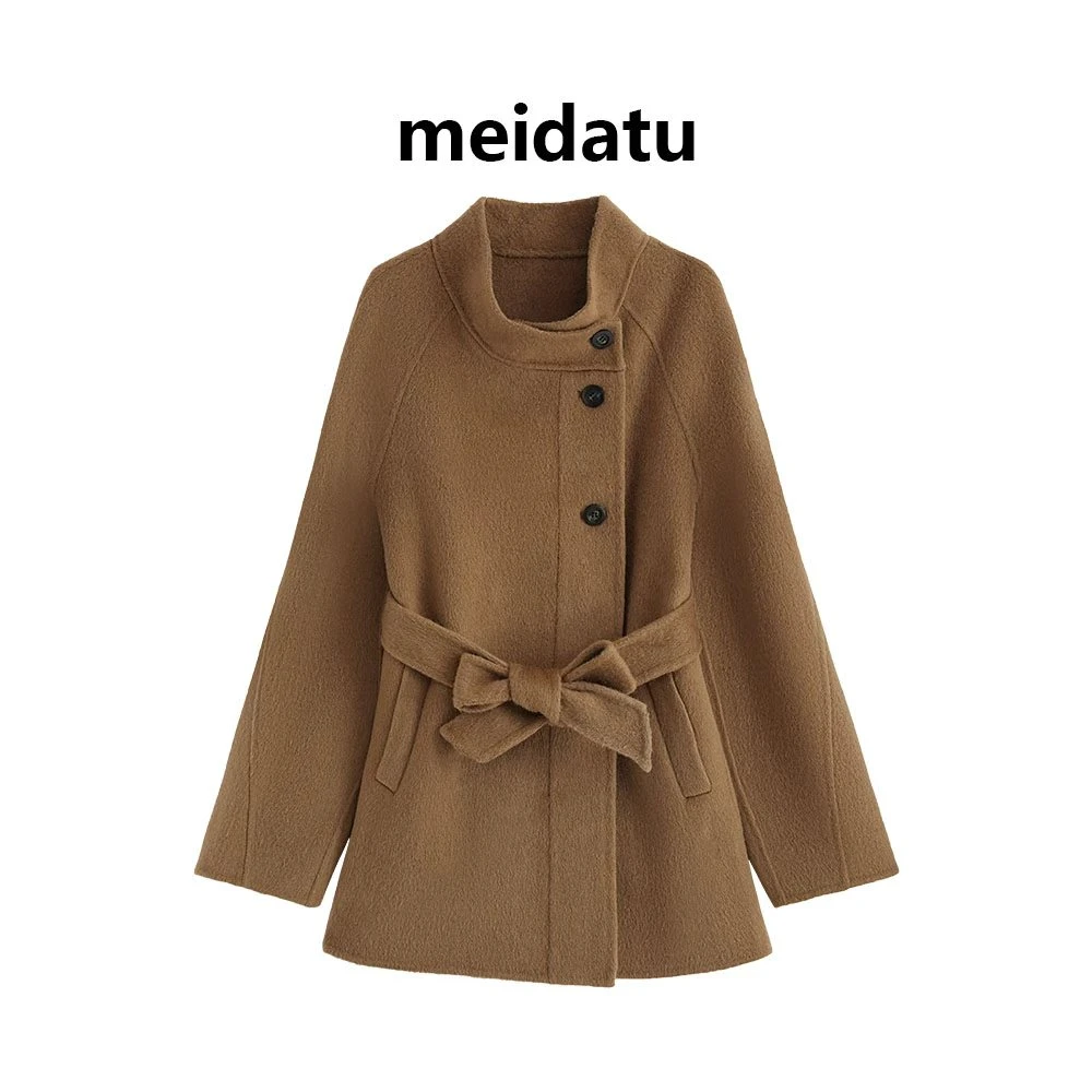 美哒兔（奶霜暖裘）韩版立领绑带中长款大衣CK2285-25