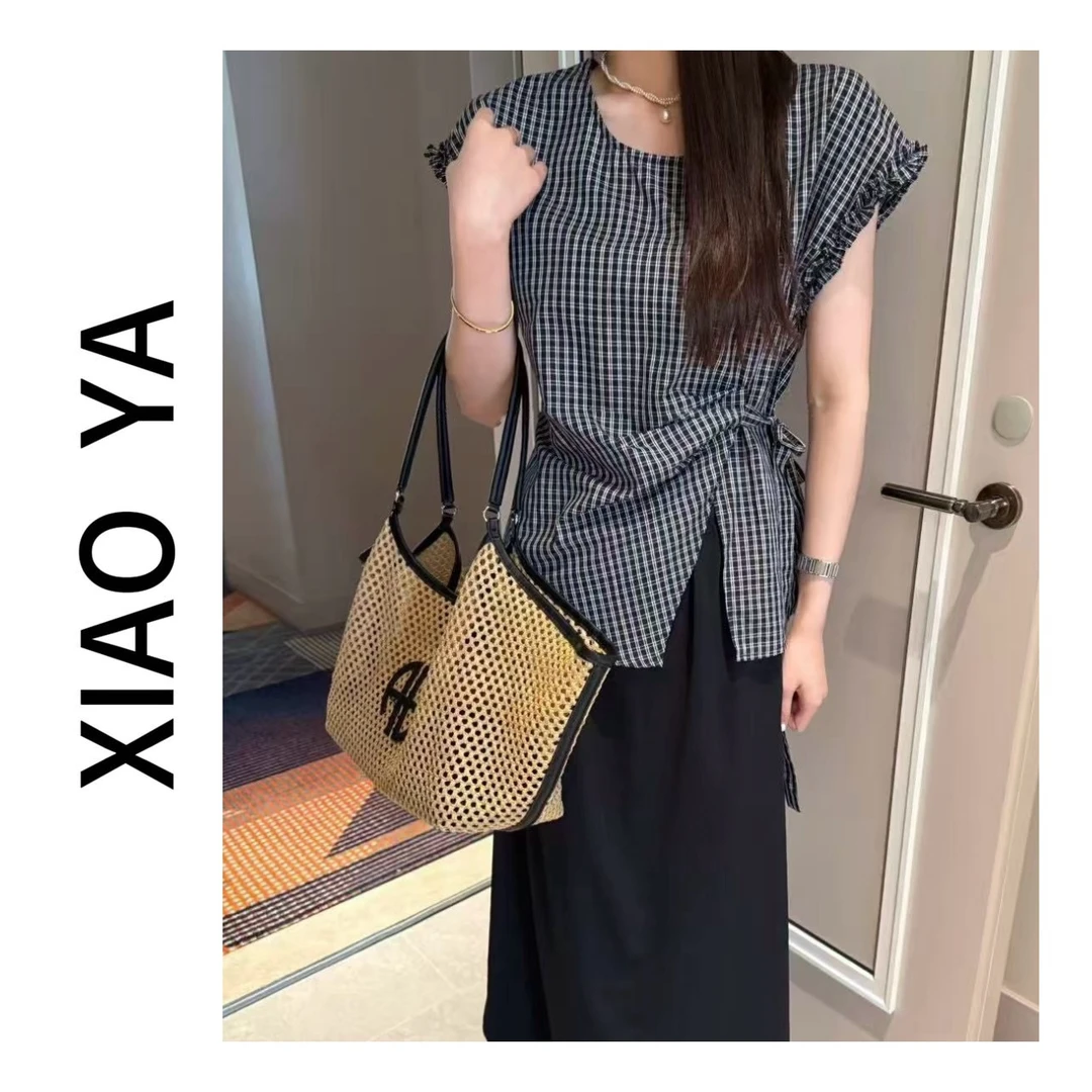 6138夏季新款韩版简约圆领木耳边袖口系带收腰显瘦上衣