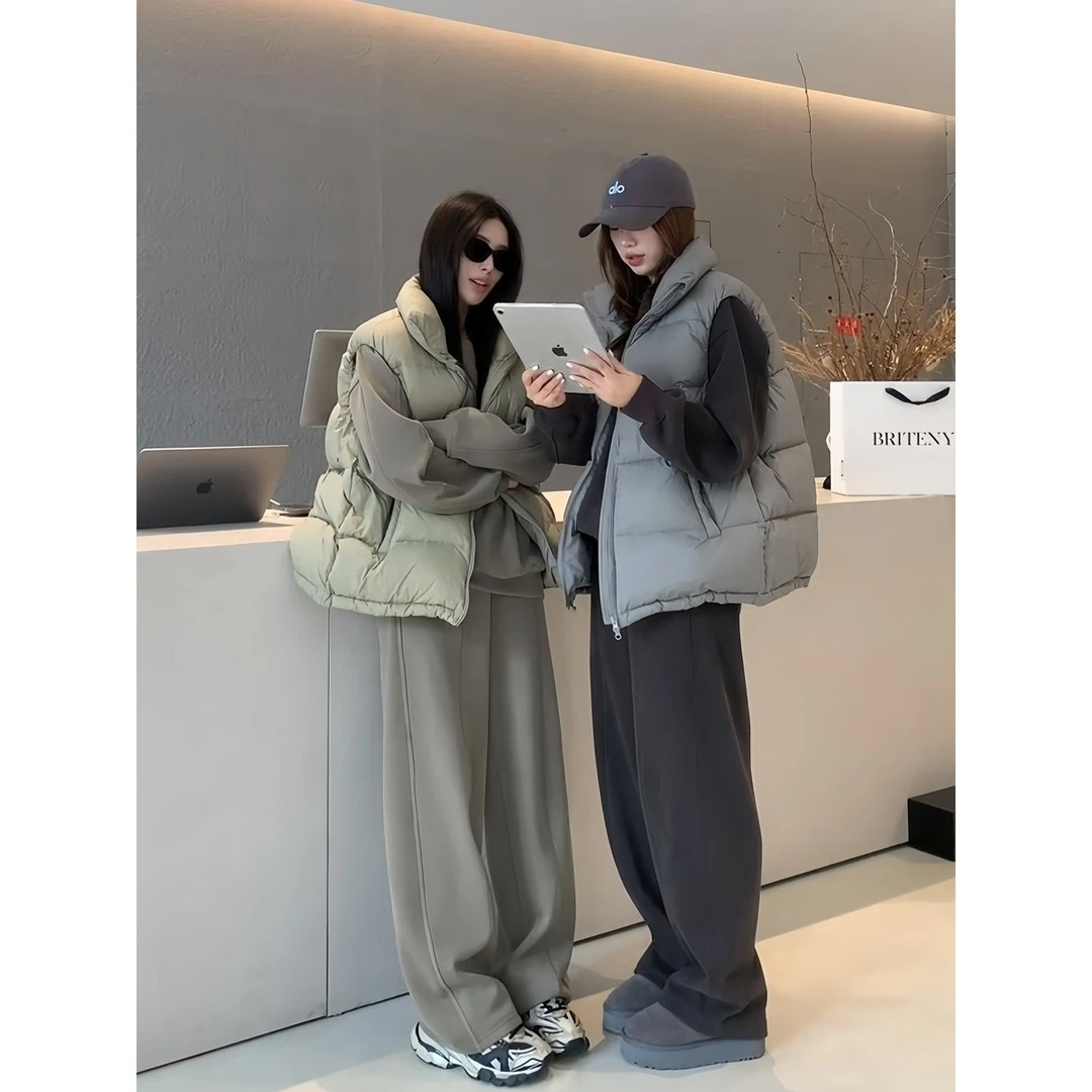 加绒加厚卫衣套装女秋冬新款休闲运动风叠穿棉服马甲阔腿裤两件套