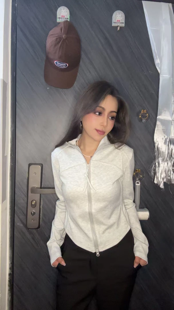 高级感百搭灰色长袖立领拉链外套女 时尚气质鱼骨拼接修身上衣