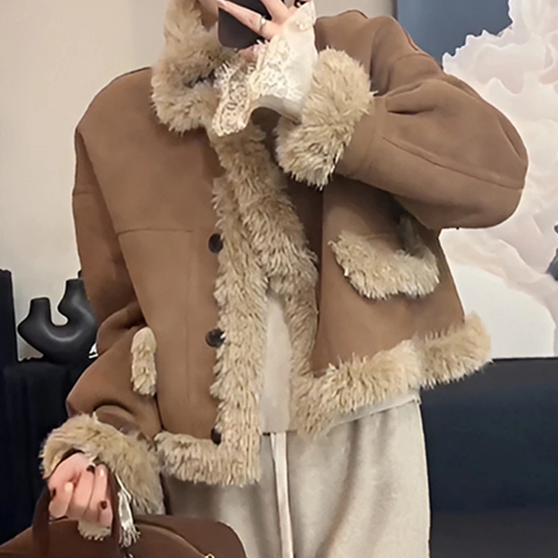 时尚立领加厚皮毛一体新款毛毛短外套女秋季薄外套立领麂皮绒女