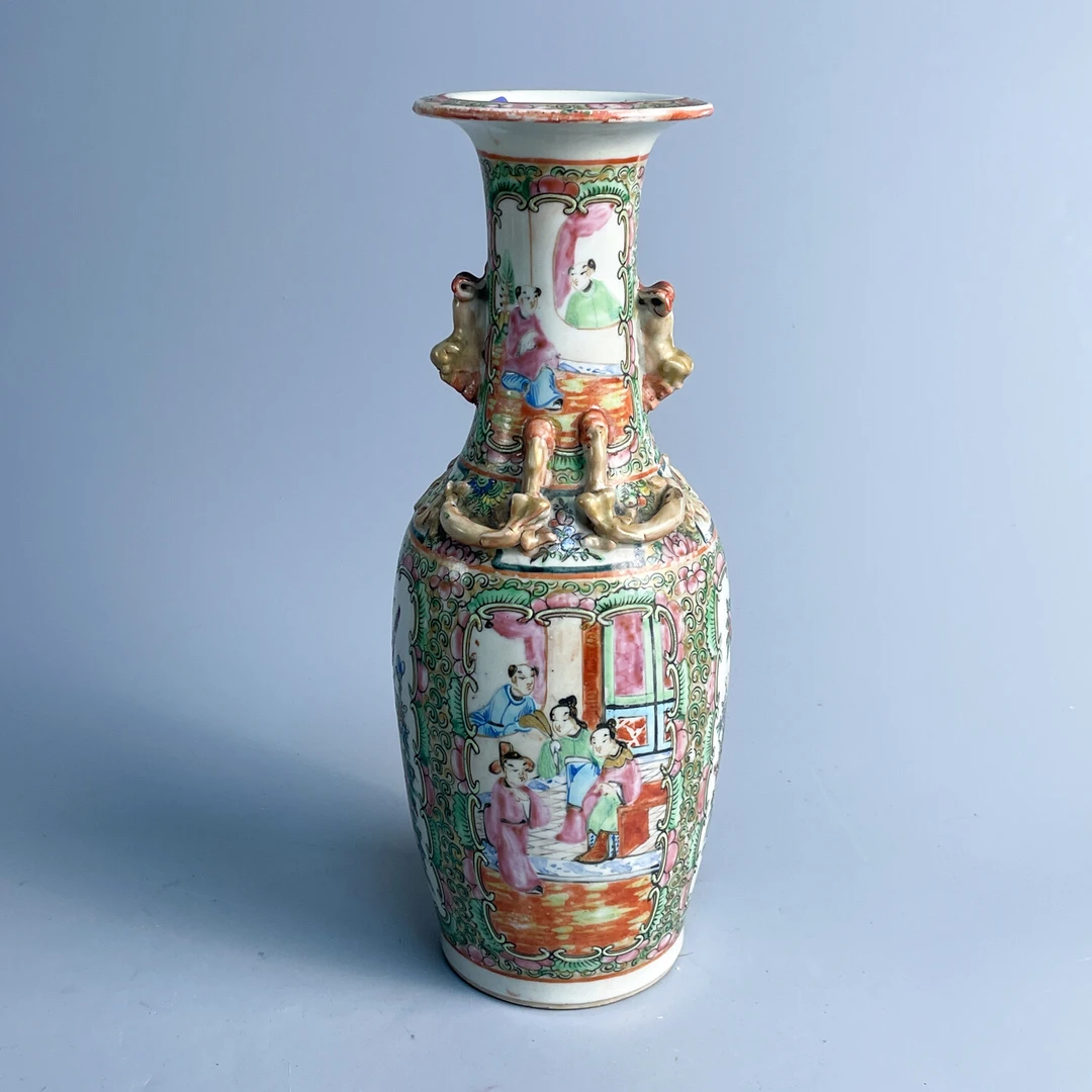 晚清广彩花鸟人物故事盘螭龙广口瓶-M25HV009C18-01